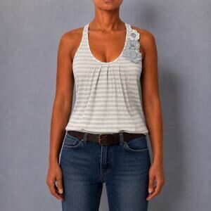 Vintage Y2K Striped Floral Applique Linen Cross Back Coastal Tank Top Size M